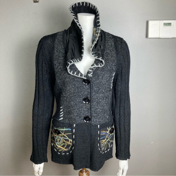 Sioni cardigan sweater medium patchwork collared black grey embroidered artsy - Picture 2 of 16